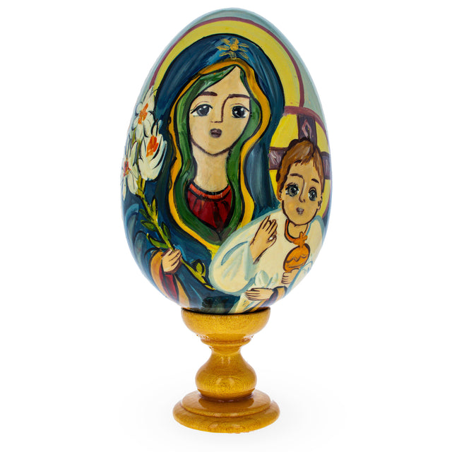 Mary and Jesus Large Wooden Hand Painted Icon Easter Egg in Multi color, Oval shape