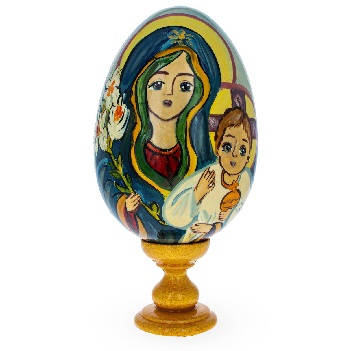 Wood Mary and Jesus Large Wooden Hand Painted Icon Easter Egg in Multi color Oval