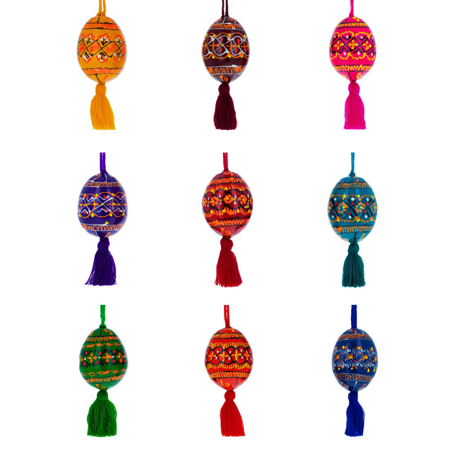 Set of 9 Wooden Ukrainian Easter Egg Ornaments in Multi color, Oval shape