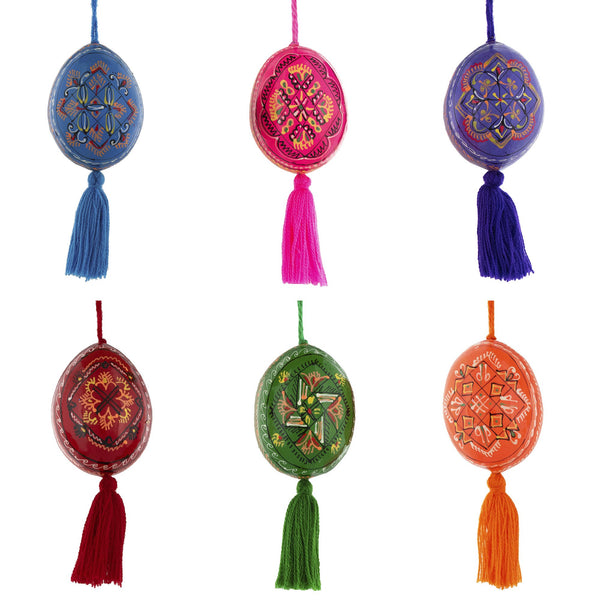 Set of 6 Wooden Ukrainian Easter Egg Ornaments in Multi color, Oval shape