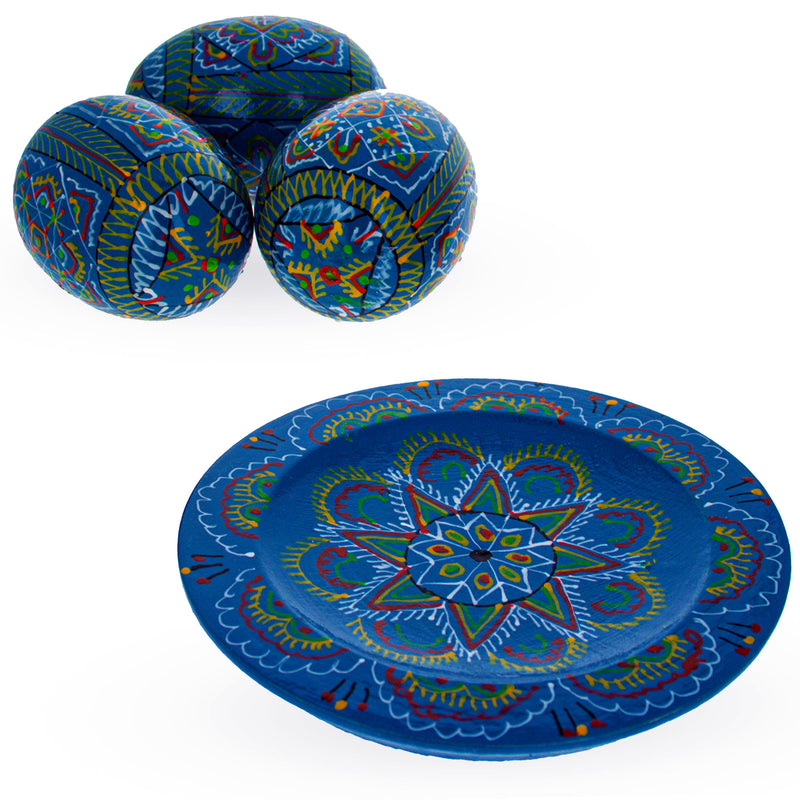 Buy Online Gift Shop Set of 3 Blue Wooden Ukrainian Easter Eggs on a Plate