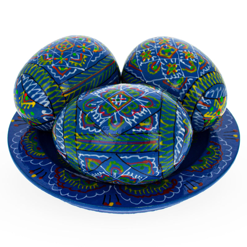 Set of 3 Blue Wooden Ukrainian Easter Eggs on a Plate by BestPysanky