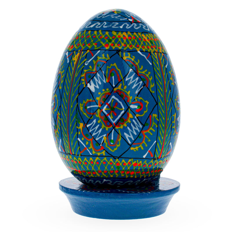 Blue Goose Size Geometric Ukrainian Wooden Easter Egg Pysanka in Blue color, Oval shape