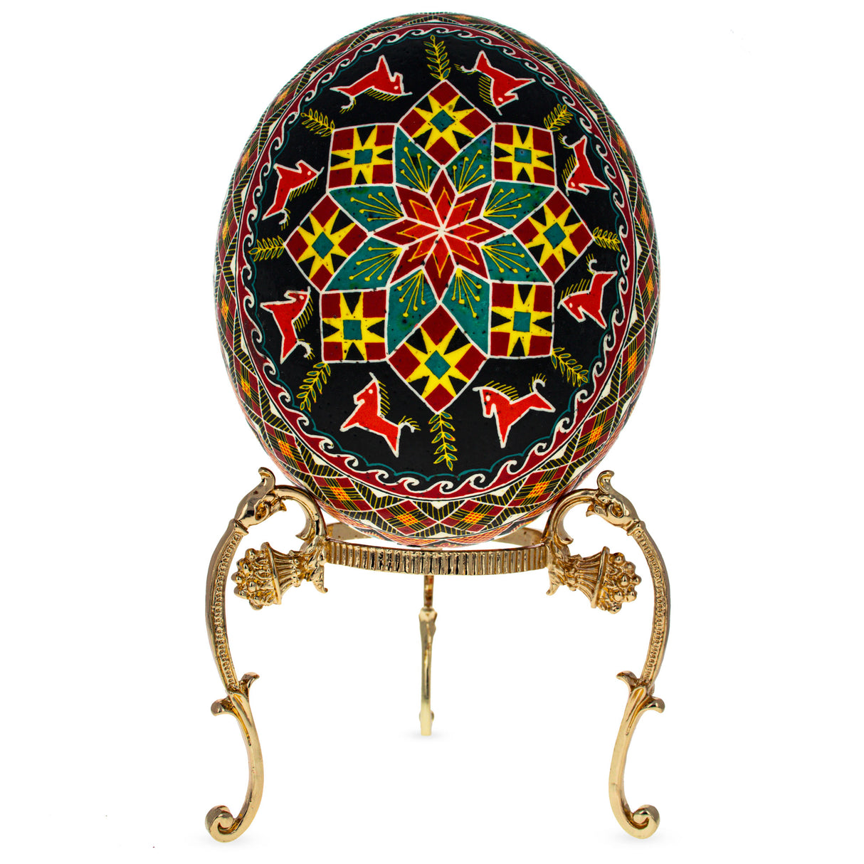 Eggshell Horses Geometrical Real Ostrich Blown Batik Technique Ukrainian Easter Egg Pysanky in Multi color Oval