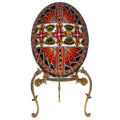 Traditional Geometrical Tringles Real Ostrich Blown Batik Technique Ukrainian Easter Egg Pysanky in Multi color, Oval shape