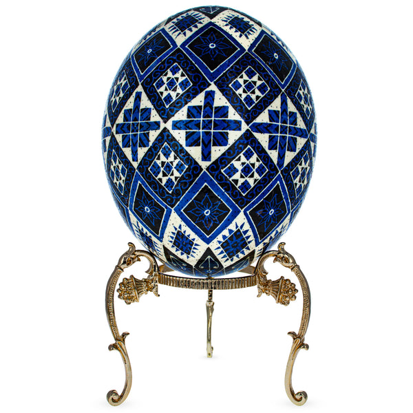 Traditional Geometrical Blue Ostrich Blown Batik Technique Ukrainian Easter Egg Pysanky by BestPysanky