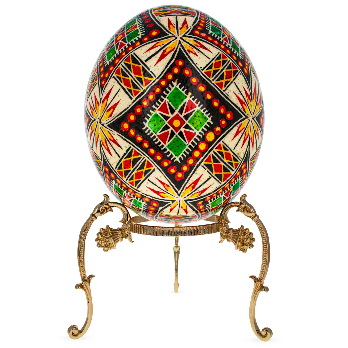 Traditional Geometrical Center Triangle Ostrich Blown Batik Technique Ukrainian Easter Egg Pysanky in Multi color, Oval shape